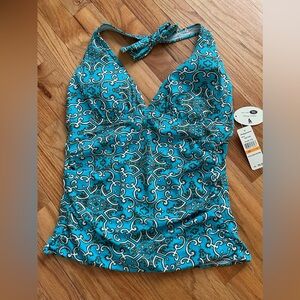 Tommy Bahama Teal and White Patterned Halter Tankini Top